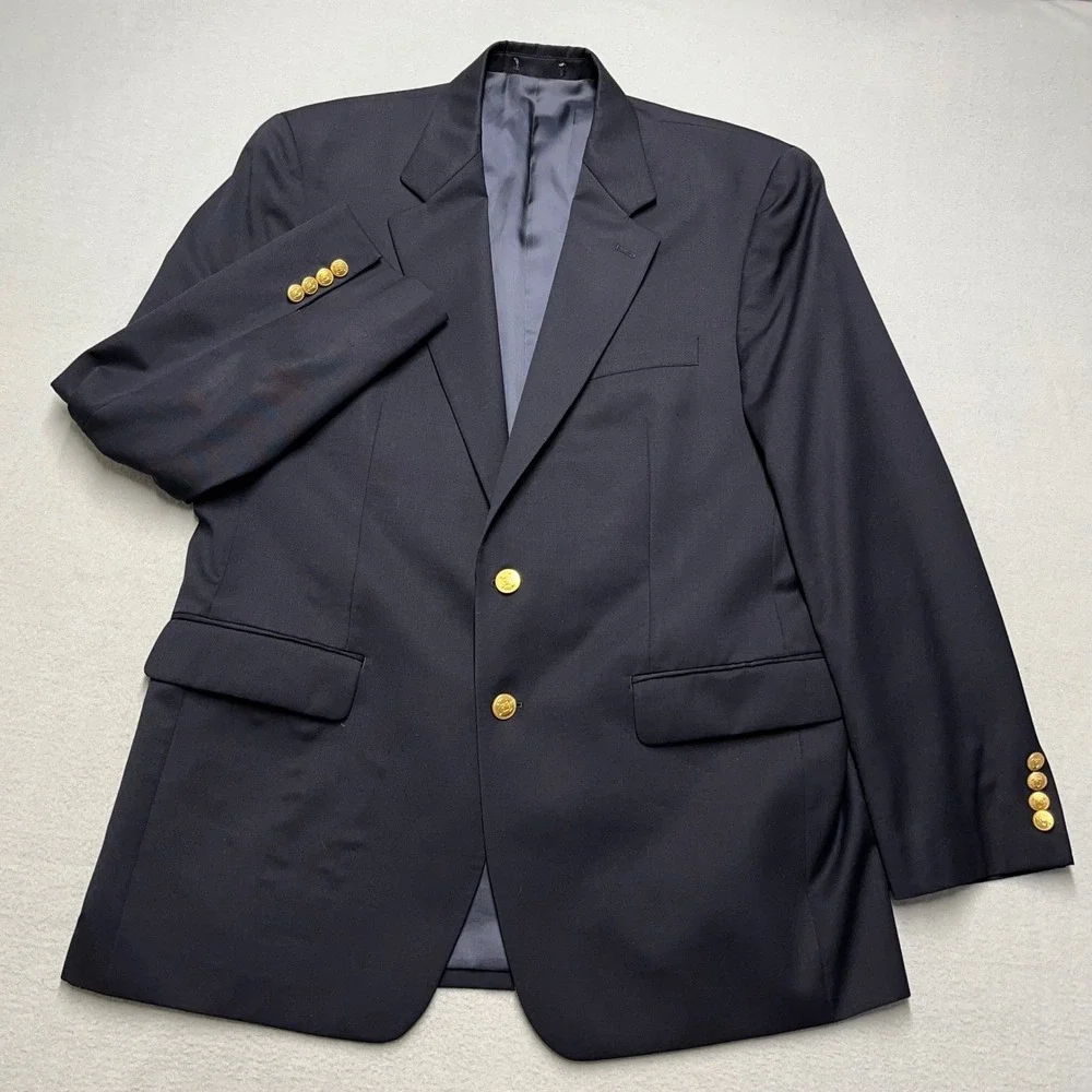 Ralph Lauren Blazer Men 42R Gold Button Sport Coat Suit Jacket Wool‎ NavyBlue
